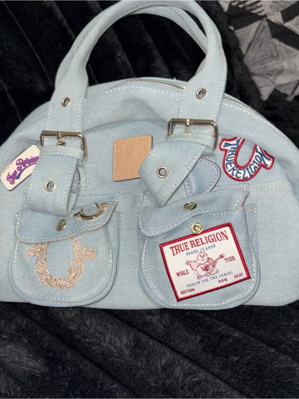 True Religion Light Denim Patch Pocket Satchel with Embroidered Logo